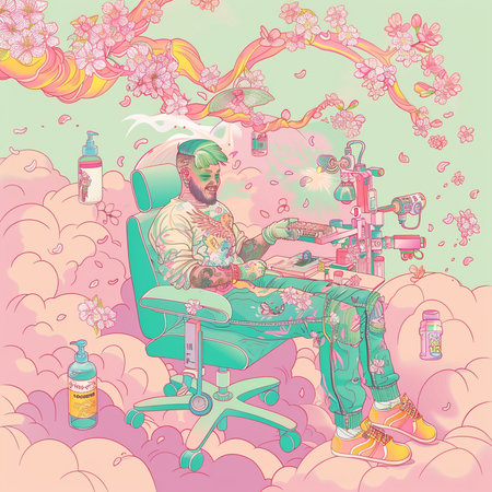 Illustration of a sick man sitting in a chair in the hospital.の素材