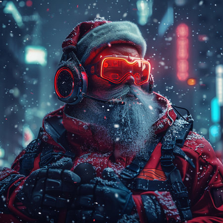 Portrait of a bearded man in a red jacket and a helmet with glasses of virtual reality.の素材