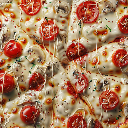 Seamless pizza background with tomato slices and mozzarella cheeseの素材