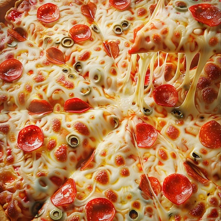 Pizza with salami and mozzarella cheese, close-upの素材