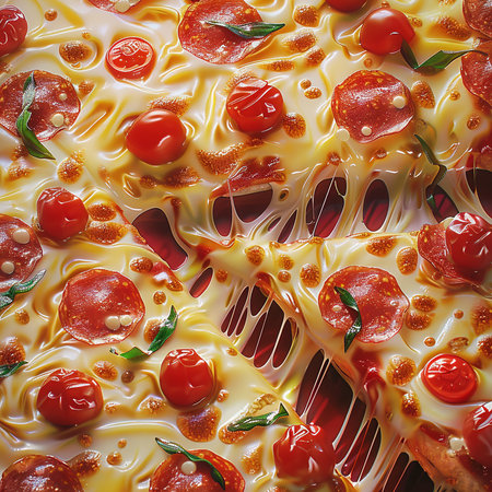 Pizza background. Pizza with cherry tomatoes and mozzarella cheese.の素材