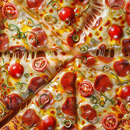 Seamless pattern of pizza with salami and cherry tomatoes.の素材