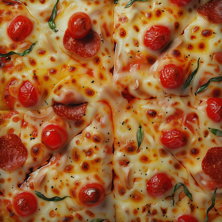 Pizza with mozzarella cheese, tomatoes and basil closeupの素材