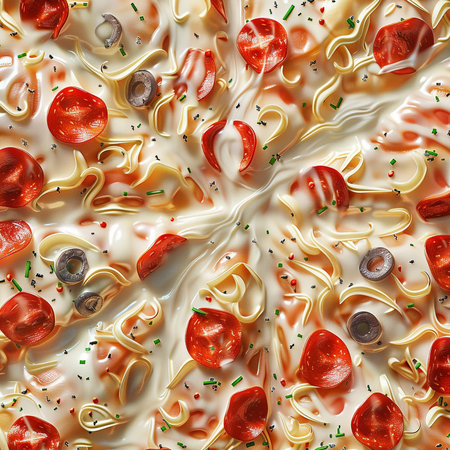 Seamless pattern of pasta with tomatoes and mushrooms in white sauceの素材
