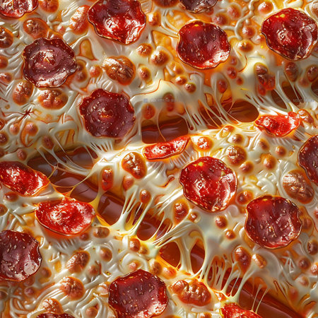 Background of pizza with cheese and salami. Seamless texture.の素材