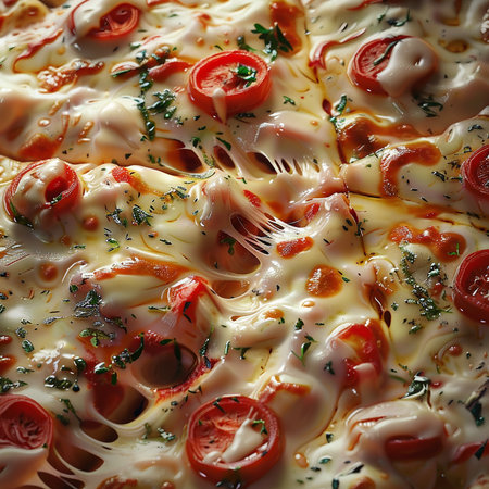 Pizza with mozzarella cheese, tomatoes and basil closeupの素材