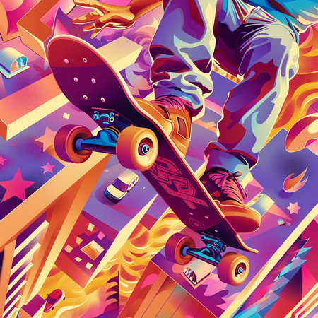 Skateboarder with skateboard on colorful background. Vector illustration.の素材