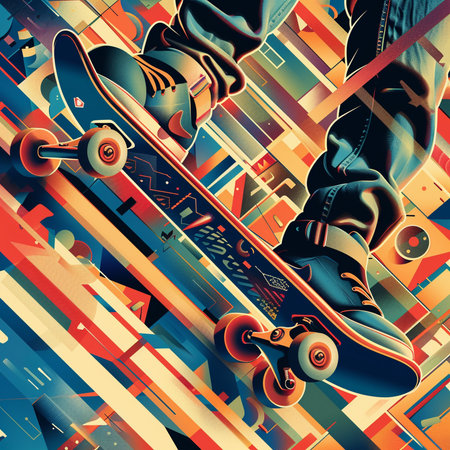 Skateboarder skateboarding on colorful background. Vector illustration.の素材