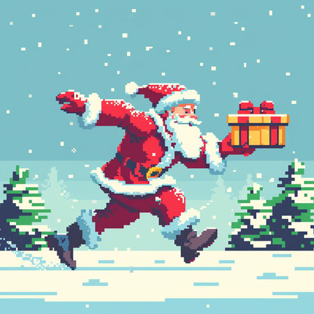 Santa Claus running with a gift box in his hands. pixel artの素材