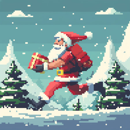 Pixel art illustration of Santa Claus running with a bag of gifts in his hands.の素材