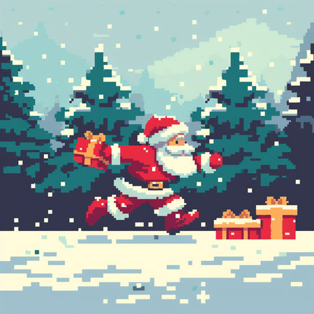 Pixel art illustration of Santa Claus running in the forest with presents.の素材