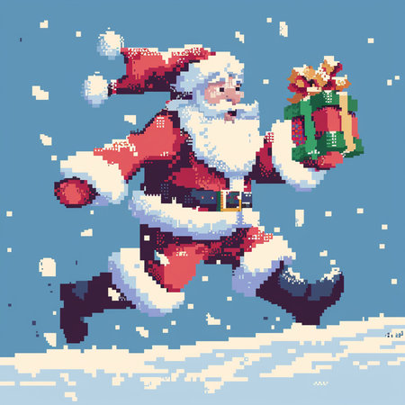 Santa Claus running with presents in his hands. Pixel art style.の素材