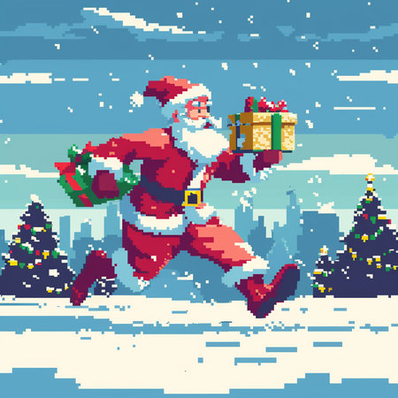 Pixel art illustration of Santa Claus running with gift boxes on snowy backgroundの素材
