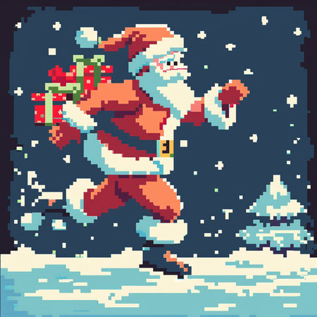 Pixel art Santa Claus running with a gift in his hands. Pixelated illustration.の素材