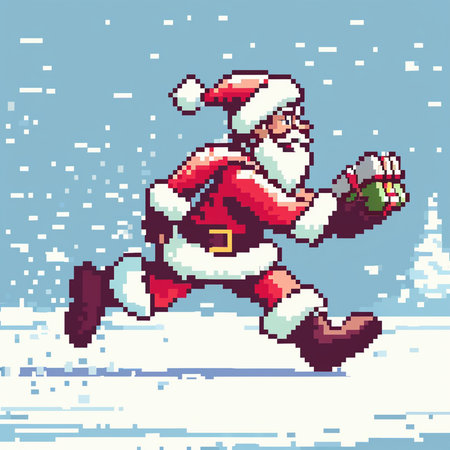 Santa Claus running with a bag of gifts. Pixel art illustration.の素材