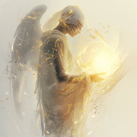 Angel woman with golden wings and shining sun on white background. 3D renderingの素材
