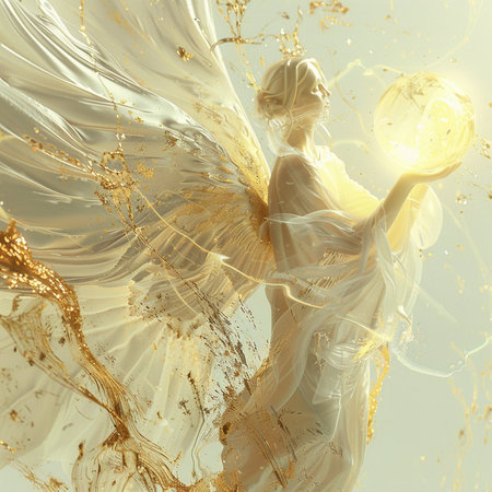 beautiful woman in a white dress with a golden ball in waterの素材