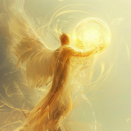 Angel with golden wings on a soft background. 3d illustration.の素材