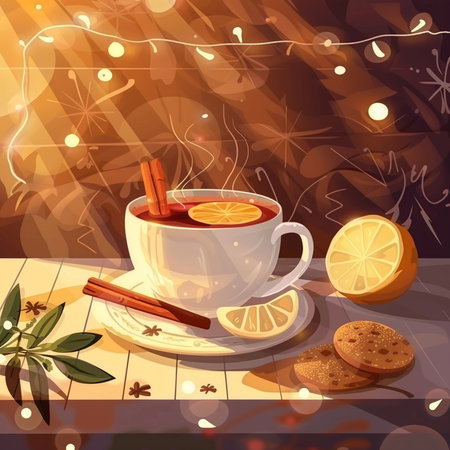 Cup of tea with lemon and cinnamon on wooden table. Vector illustration.の素材