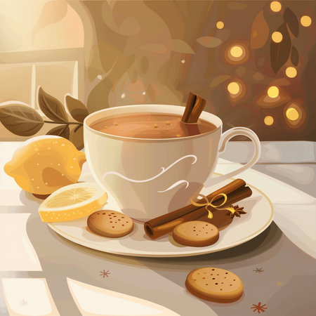 Illustration of a cup of hot tea with lemon, cinnamon and cookiesの素材