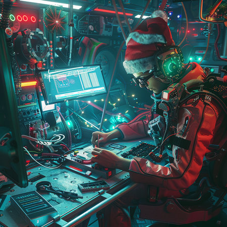 Portrait of a male pilot in a red suit and cap of Santa Claus. He is typing on a laptop. 3d rendering toned imageの素材