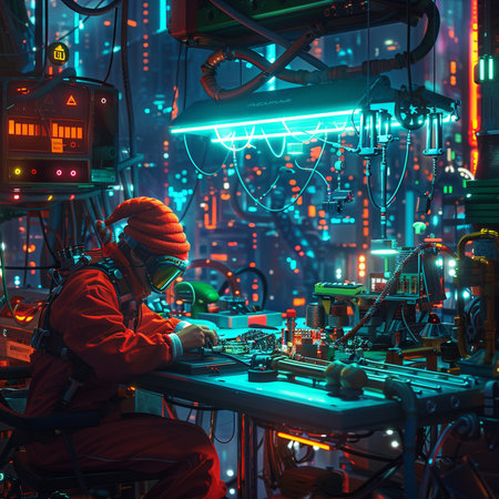 Technician working on a robot in a factory. 3d renderingの素材