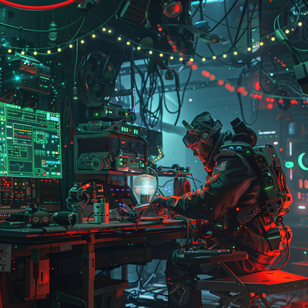 Futuristic cyborg working in virtual space. 3d renderingの素材