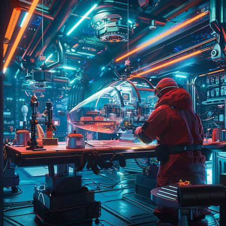 Engineer in red protective suit working in the laboratory. 3D renderingの素材