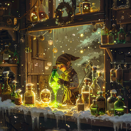 Magic potion in a bottle on the background of the window. Fairy tale.の素材