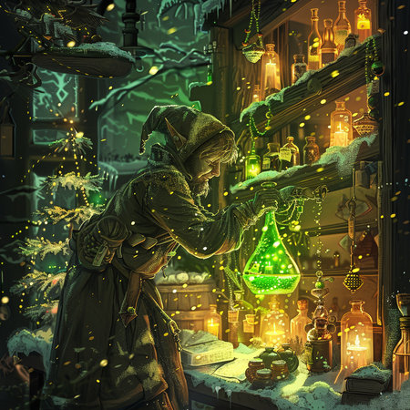The girl is holding a magic potion in her hands. Christmas background.の素材