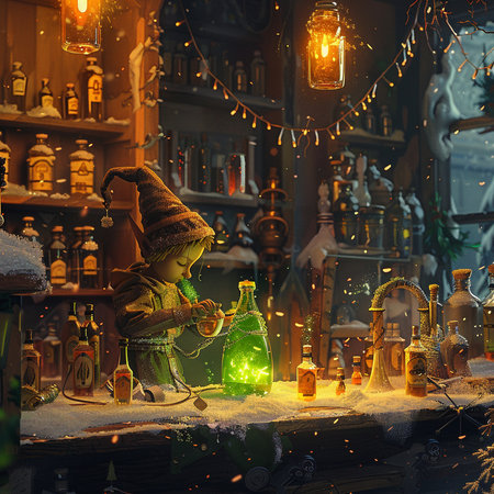 Little witch with magic potion. Fairy tale scene. 3D renderingの素材