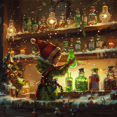Santa Claus with magic potion in a bottle. Christmas and New Year backgroundの素材