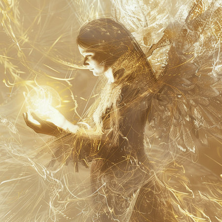 Mysterious fairy girl with golden wings. Artistic toned imageの素材