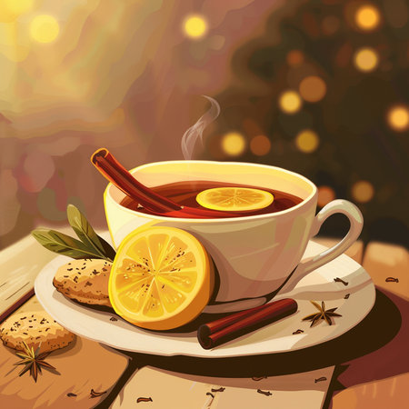 Cup of tea with lemon and spices on wooden table, vector illustrationの素材