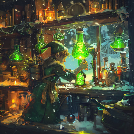 Fairytale scene with magic elves in the old shop.の素材