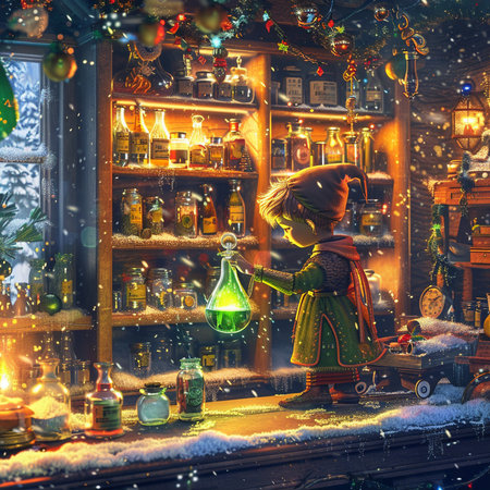 Little girl with magic potion in the magic shop. Fairy tale.の素材
