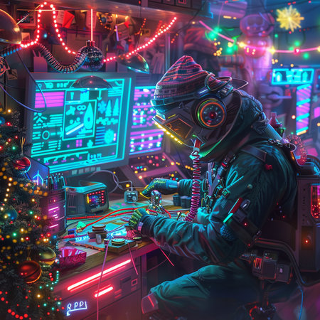 3D rendering of a cyberpunk gamer playing a game in a dark room.の素材