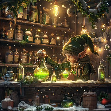 Little elf with magic potion. Fairy tale concept. 3D Renderingの素材