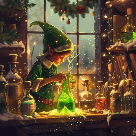 Cute little elf with magic potion. Fairy tale. Christmas.の素材