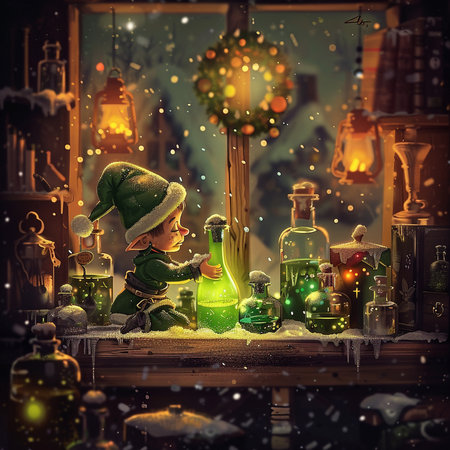 Christmas and New Year concept. Little boy in Santa Claus hat with magic potion in his hands.の素材