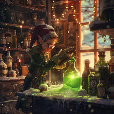 Little girl in elf costume making magic potion. Fairy tale scene.の素材