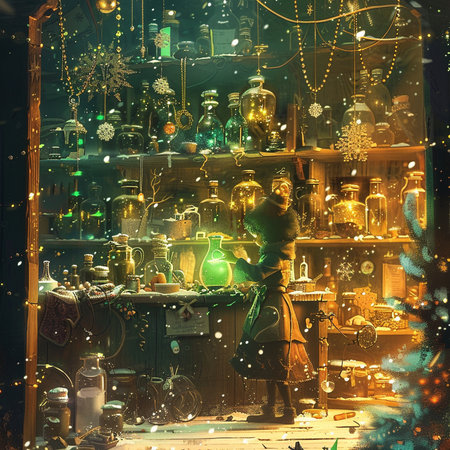 Christmas market at night. Christmas decorations in the shop window. Vintage styles.の素材