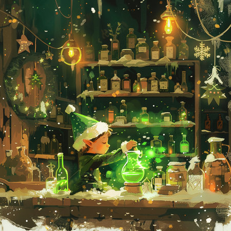 Christmas and New Year holiday background with a girl in a Santa Claus hat with a magic potion.の素材