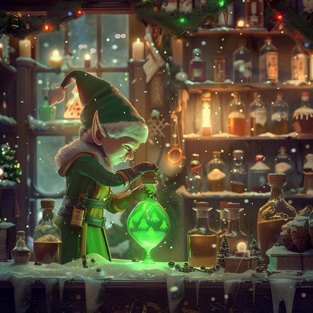 Little elf with a magic potion in a magical house. Fairy tale.の素材