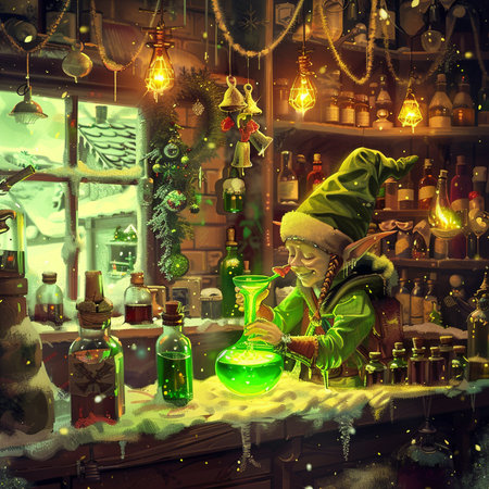 Christmas magic. Elf with magic potion in magical shop. Fairy tale.の素材