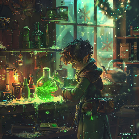 The boy in the laboratory with magic potion. Fairy tale concept.の素材