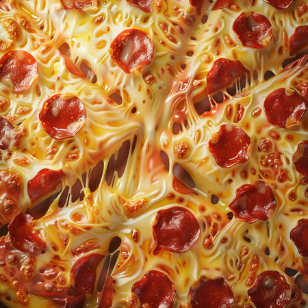Close-up of pizza slice with salami and cheese as backgroundの素材