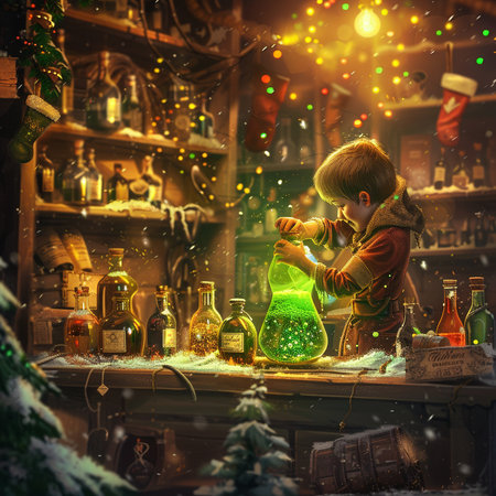 Cute little boy making magic potion on Christmas market. Fairy tale conceptの素材