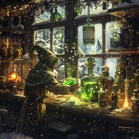 Little witch in a magic store. Fairy tale. 3D renderingの素材