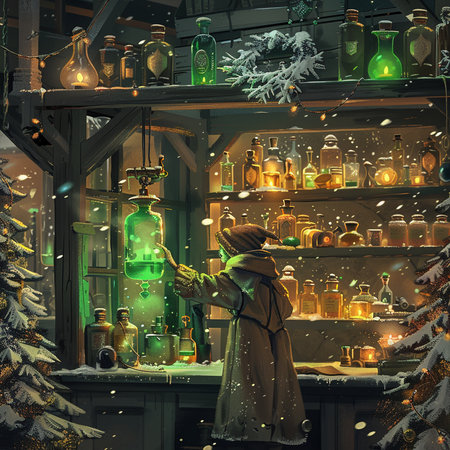 Woman with magic potion in the shop window at night. Fairy tale.の素材